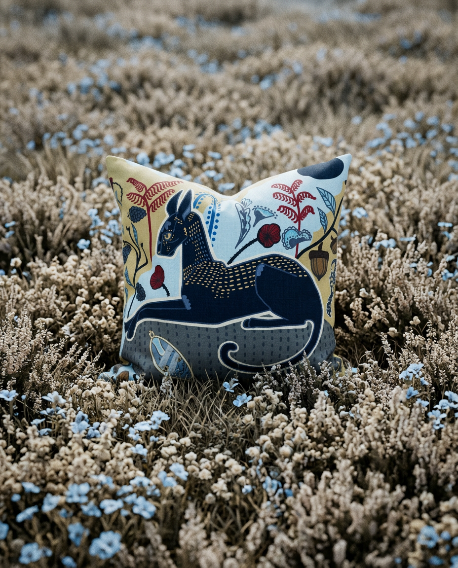 Decorative SOLK cornish rex motif pillow with a black cat design in a field of dry grass and small flowers