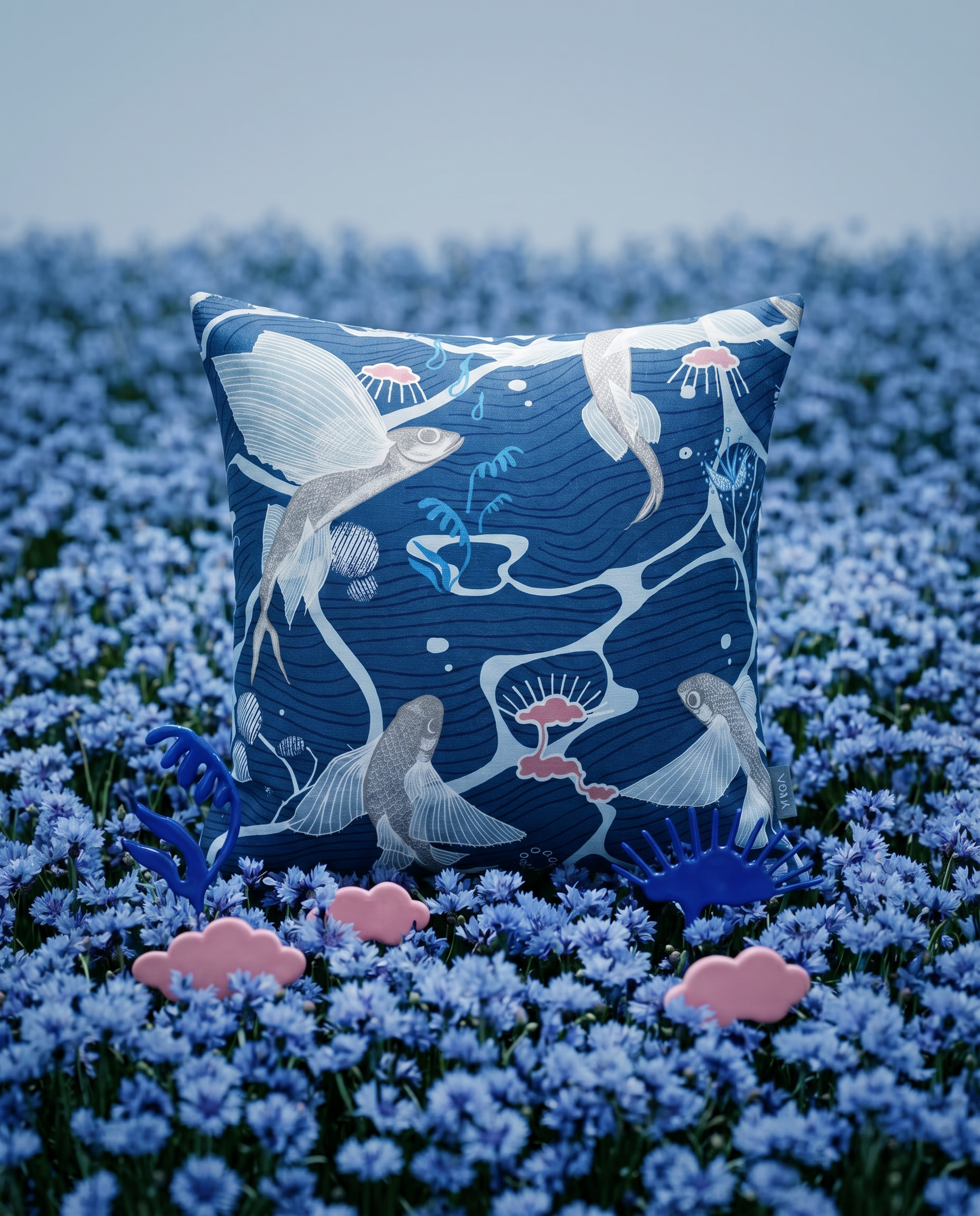 Decorative SOLK pillow with flying fish ocean-themed design on a bed of blue flowers