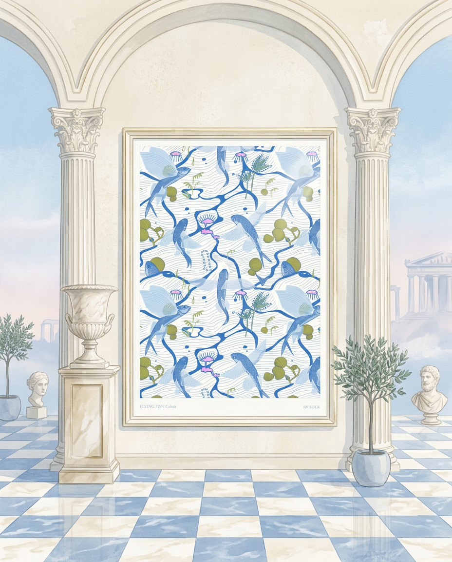 Framed abstract artwork with blue and green flying fish patterns in a classical room setting.