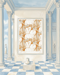 Framed horse floral pattern artwork in a classical room with columns and blue ceiling