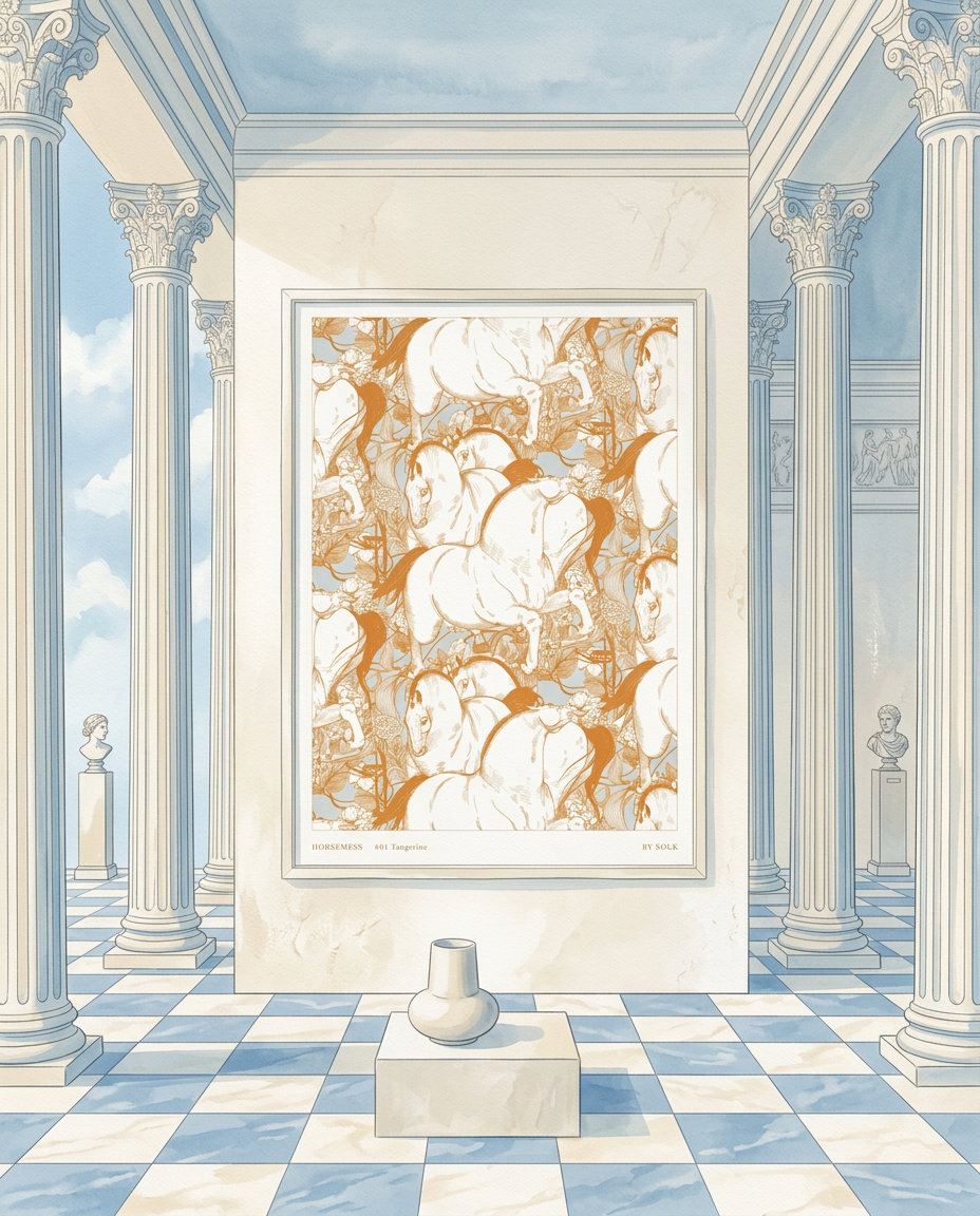 Framed horse floral pattern artwork in a classical room with columns and blue ceiling