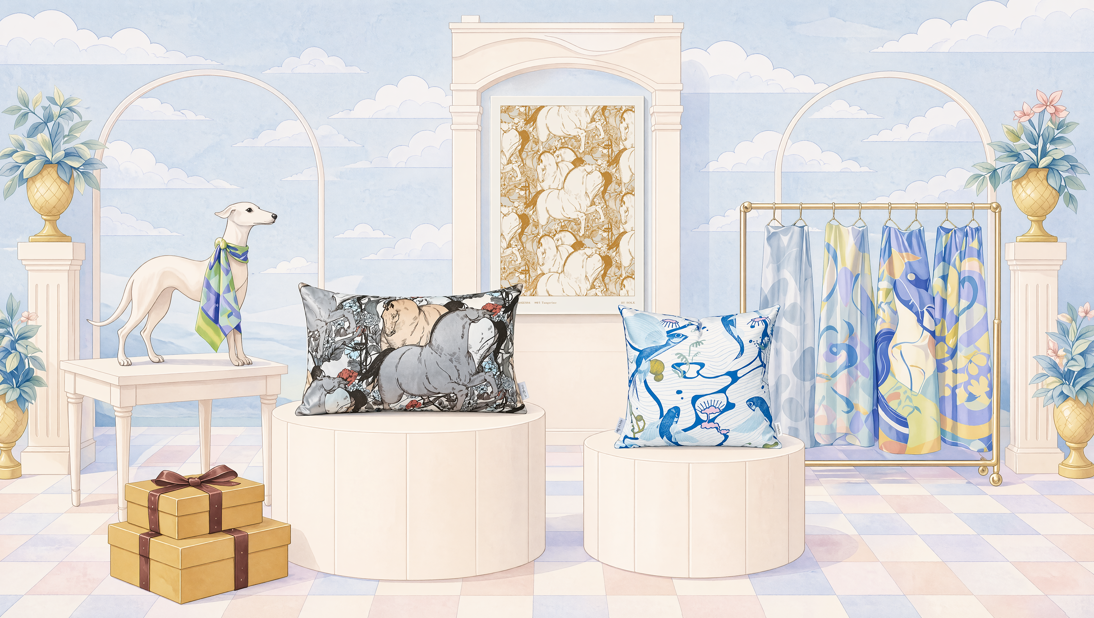 Decorative scene of SOLK products with pillows, a dog figurine, and gift boxes against a decorative wall.