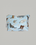 Fabric pouch with bengal cat pattern on a light blue background