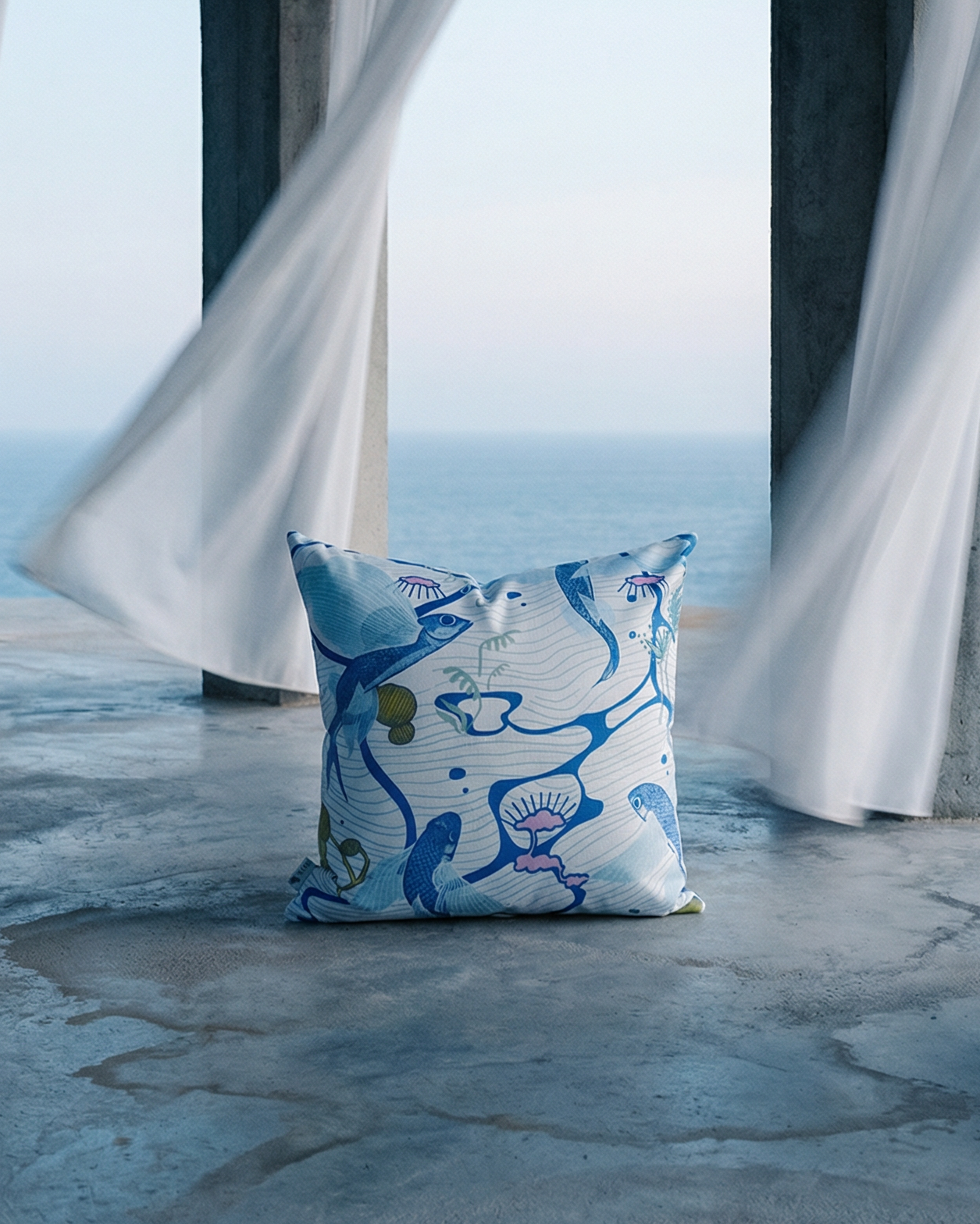 Decorative pillow with blue and white design on a concrete floor with draped curtains in the background.