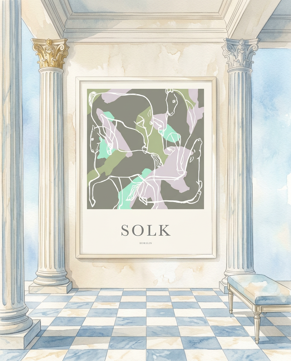 Framed modern horse abstract art in a room with classical columns and checkered floor.