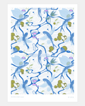 Illustration of blue flying fish and ocean waves on a white background
