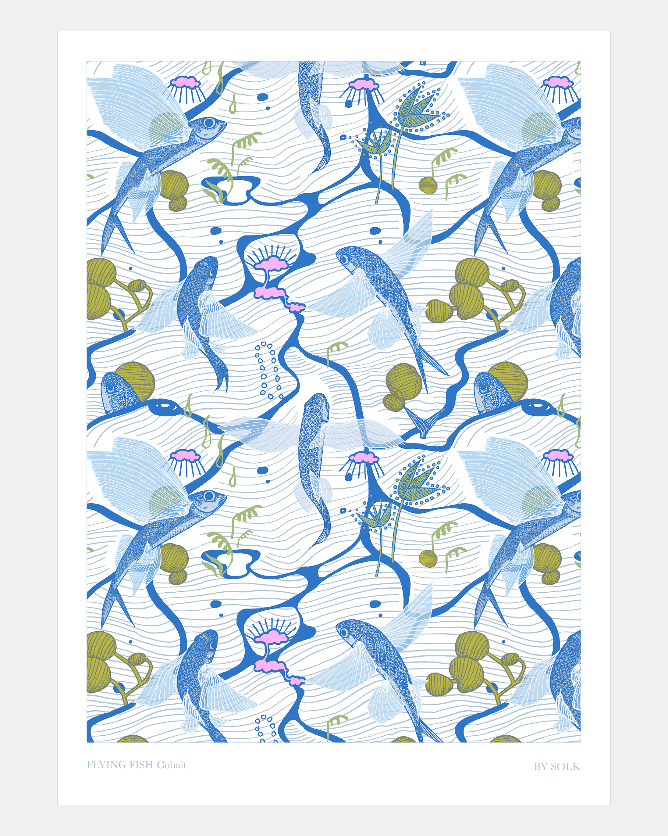 Illustration of blue flying fish and ocean waves on a white background